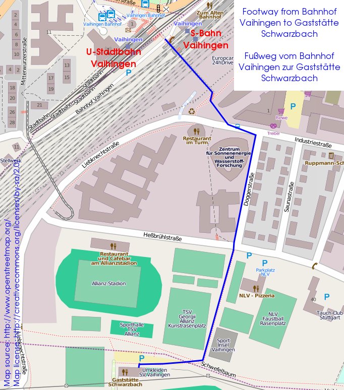 Map of footway from Bahnhof Stuttgart-Vaihingen to Gaststätte Schwarzbach